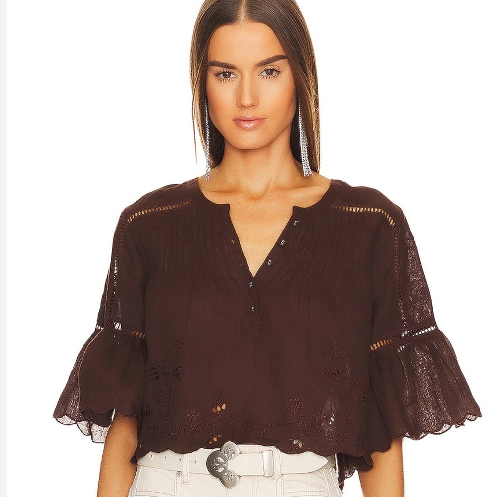 Tularosa‎ Sherri Embroidered 100% linen Blouse in Chocolate Brown REVOLVE Sz S